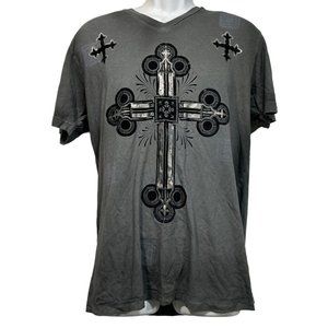 Remetee Affliction Mens L Y2K Graphic T-shirt Gray Velvet Crosses Gothic Grunge